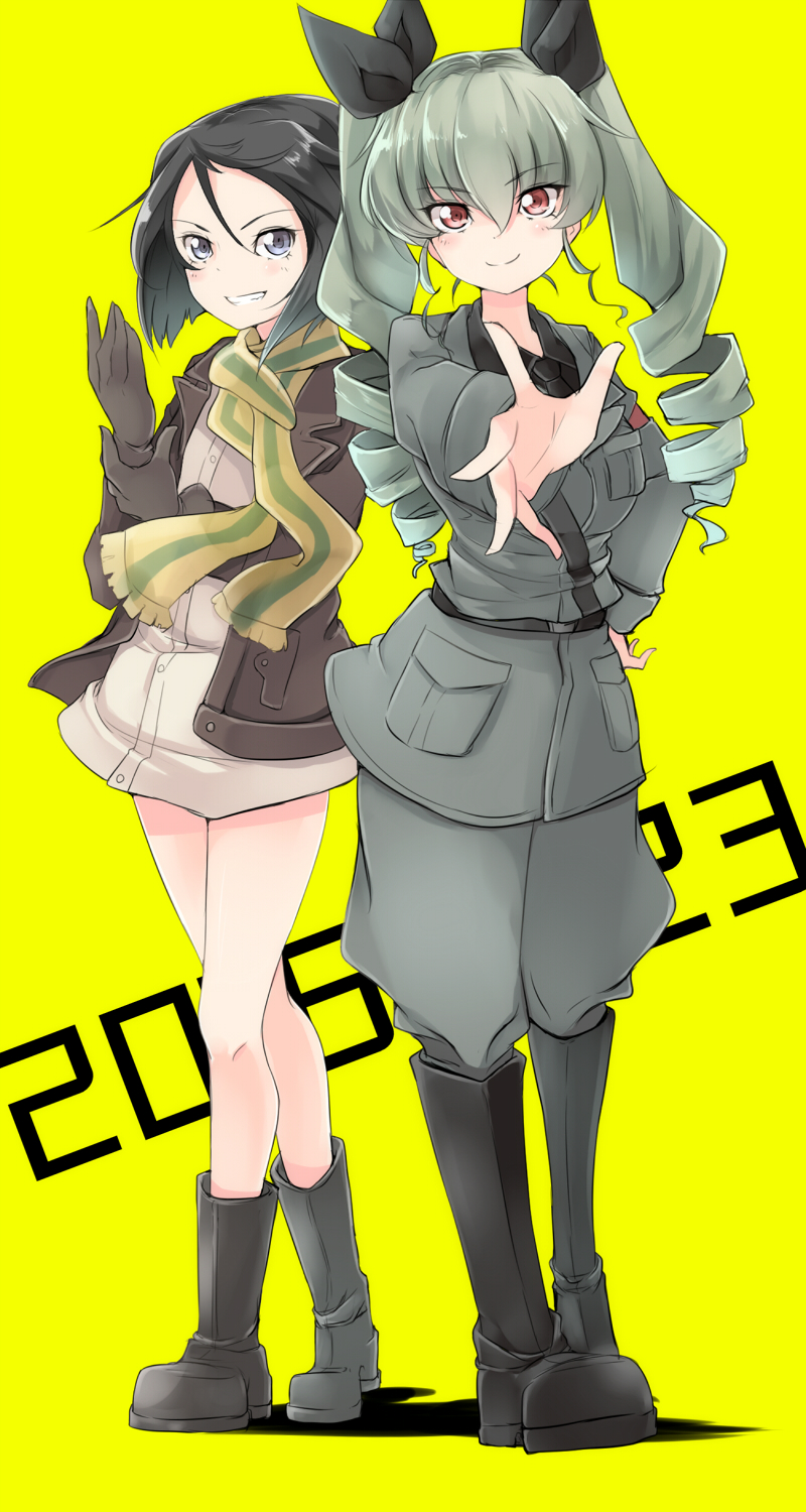 2girls amai_nekuta anchovy bandaid bandaid_on_face bangs belt black_boots black_eyes black_hair black_necktie black_ribbon black_shirt boots brave_witches brown_gloves brown_jacket brown_shirt closed_mouth dated dress_shirt drill_hair full_body girls_und_panzer gloves green_hair grey_jacket grey_pants grin hair_ribbon hand_on_hip highres jacket kanno_naoe knee_boots long_hair long_sleeves looking_at_viewer military military_uniform multiple_girls necktie no_pants open_clothes open_jacket pants reaching_out red_eyes ribbon scarf shirt short_hair shoulder_belt simple_background smile standing twin_drills twintails uniform world_witches_series yellow_background yellow_scarf