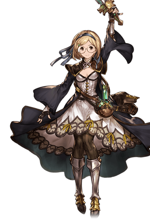 1girl alchemist_(granblue_fantasy) arms_up bag bespectacled blonde_hair bow bowtie brown_eyes dagger djeeta_(granblue_fantasy) dress fingerless_gloves glasses gloves granblue_fantasy hair_ornament hairband hairclip holding holding_weapon light_smile minaba_hideo official_art pantyhose round_glasses short_hair simple_background solo thigh-highs weapon white_background wide_sleeves