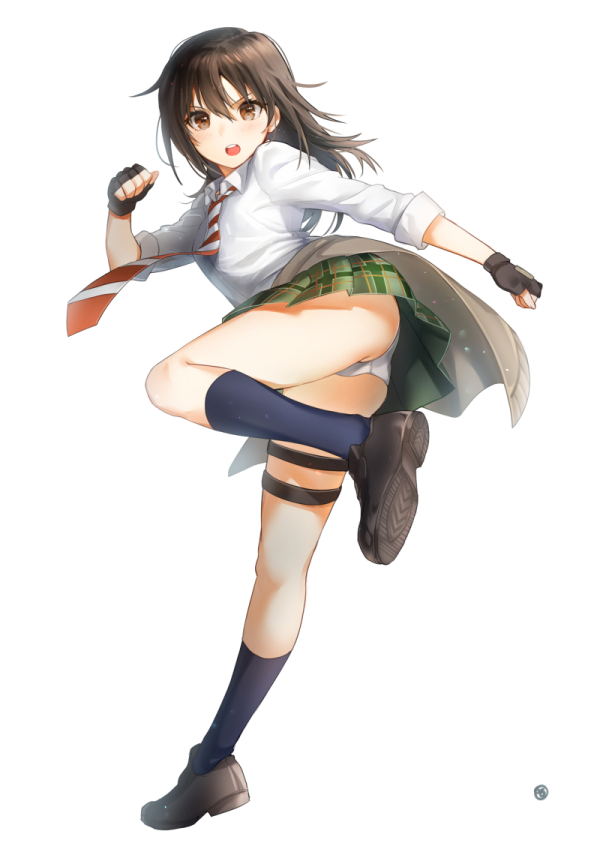 1girl ass bangs black_shoes blue_legwear brown_eyes brown_hair clothes_around_waist collared_shirt coppelion fighting_stance full_body green_skirt hair_between_eyes hand_up hieung jacket jacket_around_waist kneehighs leg_up loafers long_hair looking_at_viewer miniskirt naruse_ibara necktie one_leg_raised open_mouth outstretched_arm panties pantyshot pantyshot_(standing) plaid plaid_skirt pleated_skirt round_teeth school_uniform shirt shoes short_sleeves simple_background skirt sleeves_past_elbows sleeves_rolled_up solo standing standing_on_one_leg striped striped_necktie teeth thigh_strap underwear upskirt white_background white_panties white_shirt wing_collar