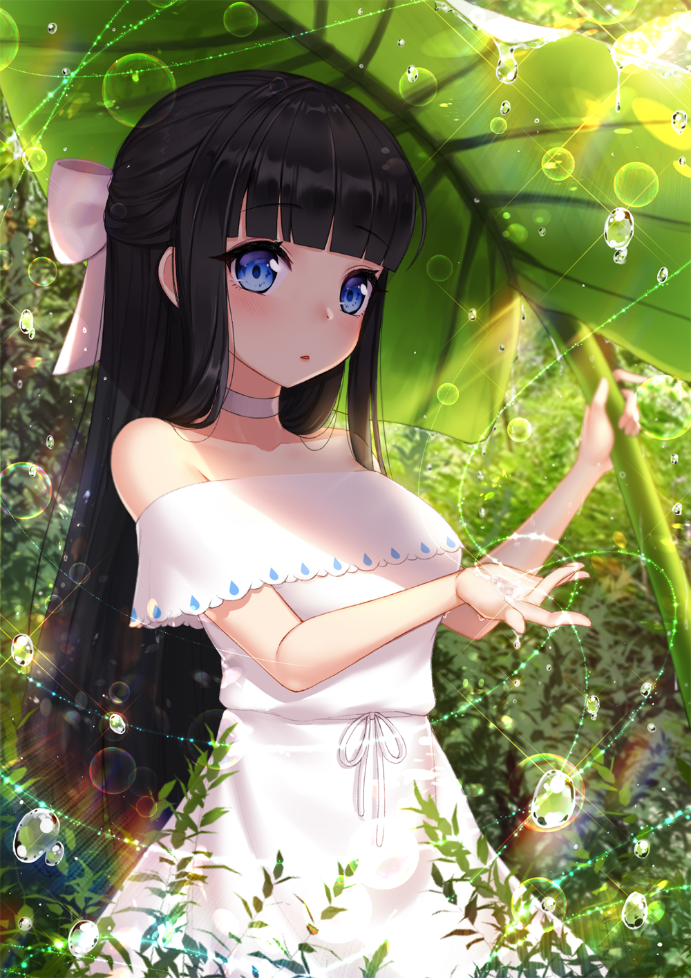 1girl air_bubble ango bangs bare_shoulders black_hair blue_eyes blunt_bangs blush bow breasts bubble choker collar collarbone day drawstring dress eyebrows_visible_through_hair giant_leaf hair_bow half_updo highres holding holding_leaf leaf leaf_umbrella long_hair looking_at_viewer medium_breasts nature off_shoulder original outdoors parted_lips pink_bow ribbon sidelocks solo standing sunlight upper_body water_drop white_choker white_dress white_ribbon
