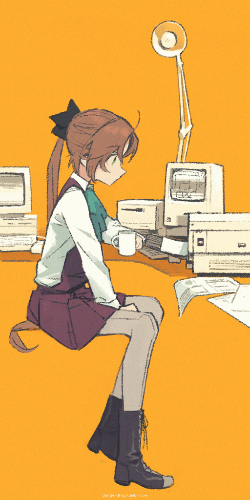 1girl ahoge akigumo_(kantai_collection) astg between_legs black_boots black_bow boots bow brown_hair brown_skirt collared_shirt computer cup desk from_side green_eyes hair_bow hand_between_legs invisible_chair kantai_collection knee_boots mug orange_background pantyhose pleated_skirt ponytail profile shirt sidelocks simple_background sitting skirt solo watermark web_address white_shirt