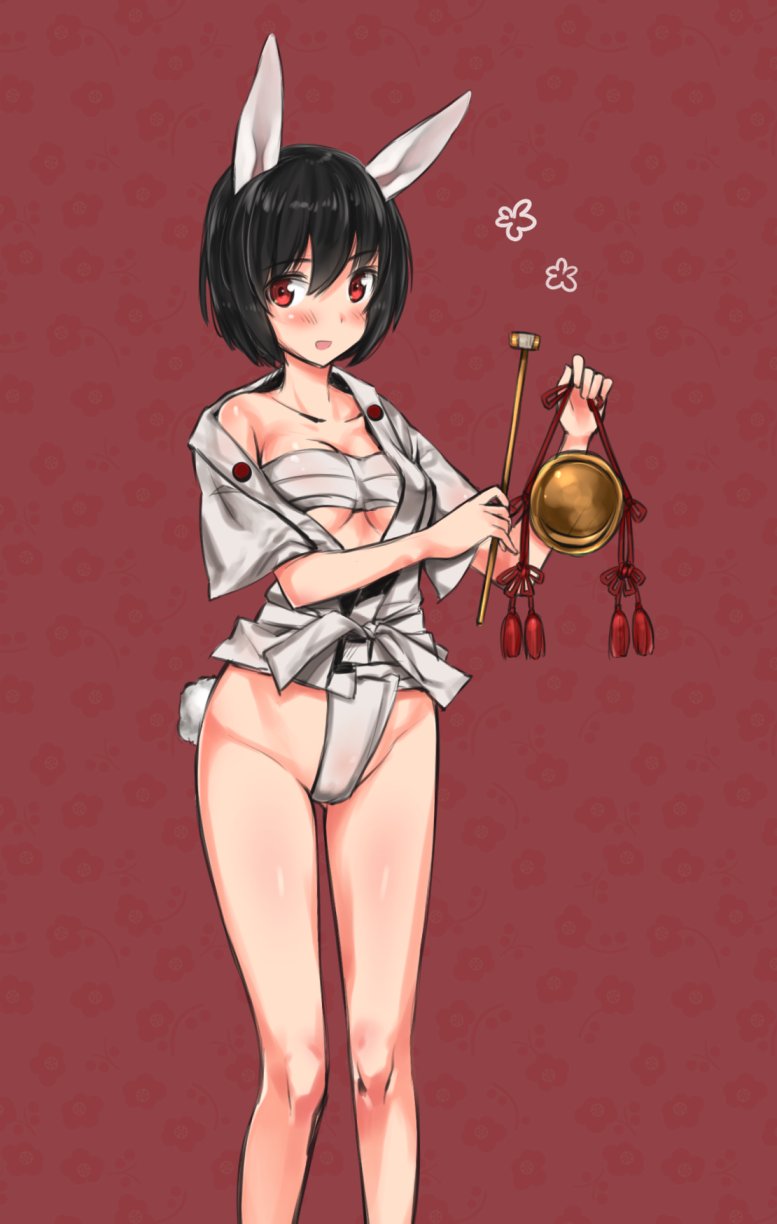 1girl amefre animal_ears bangs black_hair brave_witches breasts bunny_tail collarbone commentary festival floral_background fundoshi gong groin highres holding japanese_clothes looking_at_viewer medium_breasts no_pants off_shoulder open_clothes open_mouth open_shirt purple_background rabbit_ears red_eyes sarashi shimohara_sadako shirt short_hair short_sleeves smile solo standing tail white_shirt world_witches_series