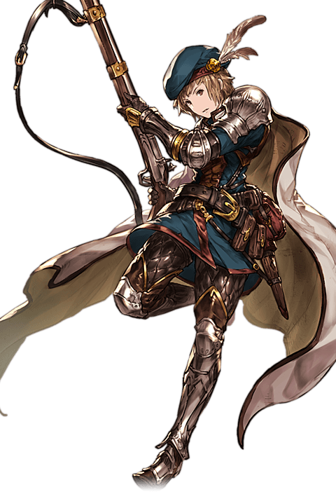 1boy alpha_transparency armor armored_boots beret boots brown_eyes brown_hair cape full_body gauntlets gran_(granblue_fantasy) granblue_fantasy gun hat hat_feather hawkeye_(granblue_fantasy) male_focus minaba_hideo official_art rifle short_hair standing standing_on_one_leg weapon