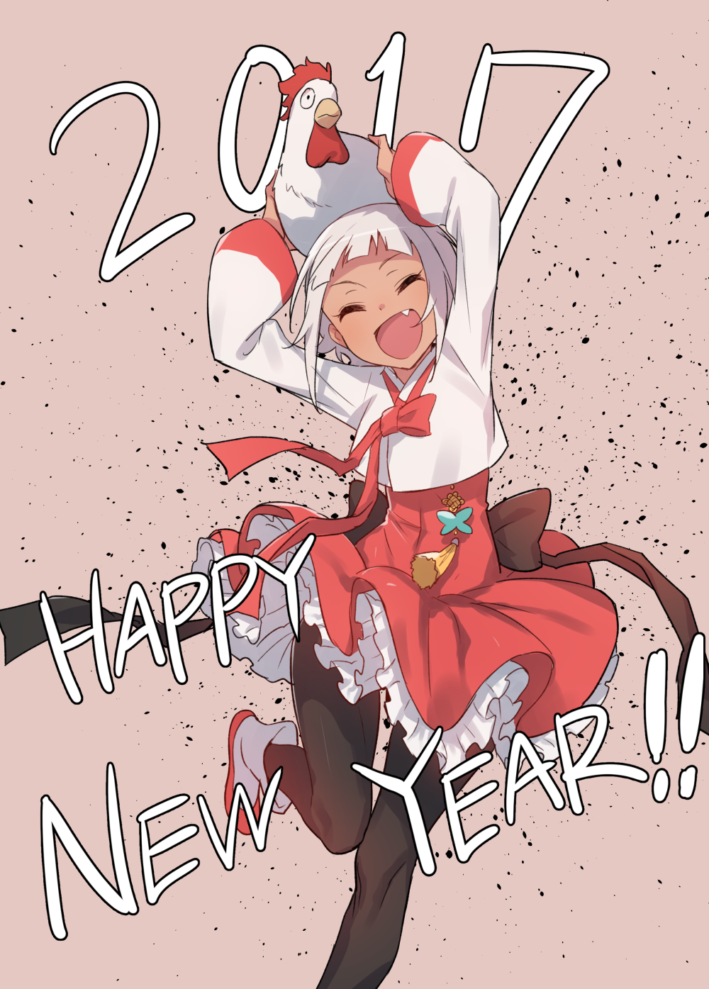 1girl 2017 ^_^ bird black_legwear chicken closed_eyes dress fang happy happy_new_year highres new_year open_mouth original pantyhose petticoat red_skirt rooster rooster_(chinese_zodiac) shirt short_hair simple_background skirt smile standing standing_on_one_leg supernew white_hair white_shirt