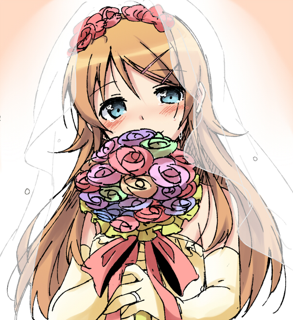 1girl bare_shoulders blonde_hair blue_eyes blush bouquet bridal_veil bride crying crying_with_eyes_open dress elbow_gloves flower gloves hair_ornament hairclip happy happy_tears holding holding_bouquet jewelry kousaka_kirino long_hair looking_at_viewer ore_no_imouto_ga_konna_ni_kawaii_wake_ga_nai pink_background ring sketch smile solo sudachi_(calendar) tears veil wedding_dress yellow_wedding_dress