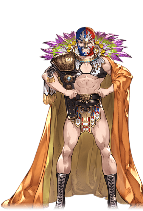 1boy alpha_transparency boots brown_eyes cape championship_belt cross-laced_footwear full_body gran_(granblue_fantasy) granblue_fantasy hands_on_hips lace-up_boots looking_at_viewer luchador_mask male_focus mask minaba_hideo muscle official_art solo transparent_background wrestler_(granblue_fantasy) wrestling_outfit