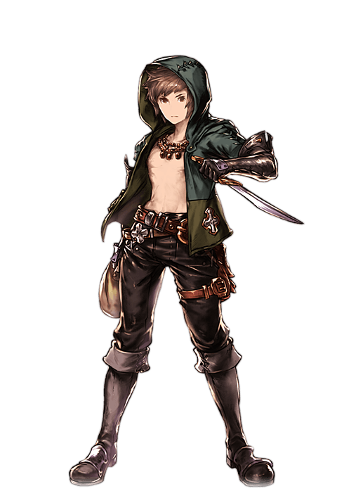 1boy alpha_transparency boots brown_eyes brown_hair full_body gauntlets gran_(granblue_fantasy) granblue_fantasy hood jacket leather leather_boots male_focus minaba_hideo official_art open_clothes open_jacket pants sack solo thief_(granblue_fantasy) thigh_strap transparent_background