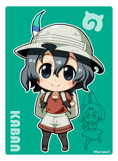 &gt;:) 2girls animal_ears backpack bag black_gloves black_hair blue_eyes blush border bow bowtie brown_shoes character_name chibi collarbone commentary_request eyebrows_visible_through_hair full_body gloves green_background hair_between_eyes hat hat_feather kaban kemono_friends kurono loafers looking_at_viewer meme multiple_girls outline pantyhose red_shirt romaji rounded_corners safari_hat serval_(kemono_friends) serval_ears shirt shoes short_hair short_sleeves shorts skirt sleeveless sleeveless_shirt smile standing tareme thigh-highs thumbs_up twitter_username white_border white_outline zettai_ryouiki