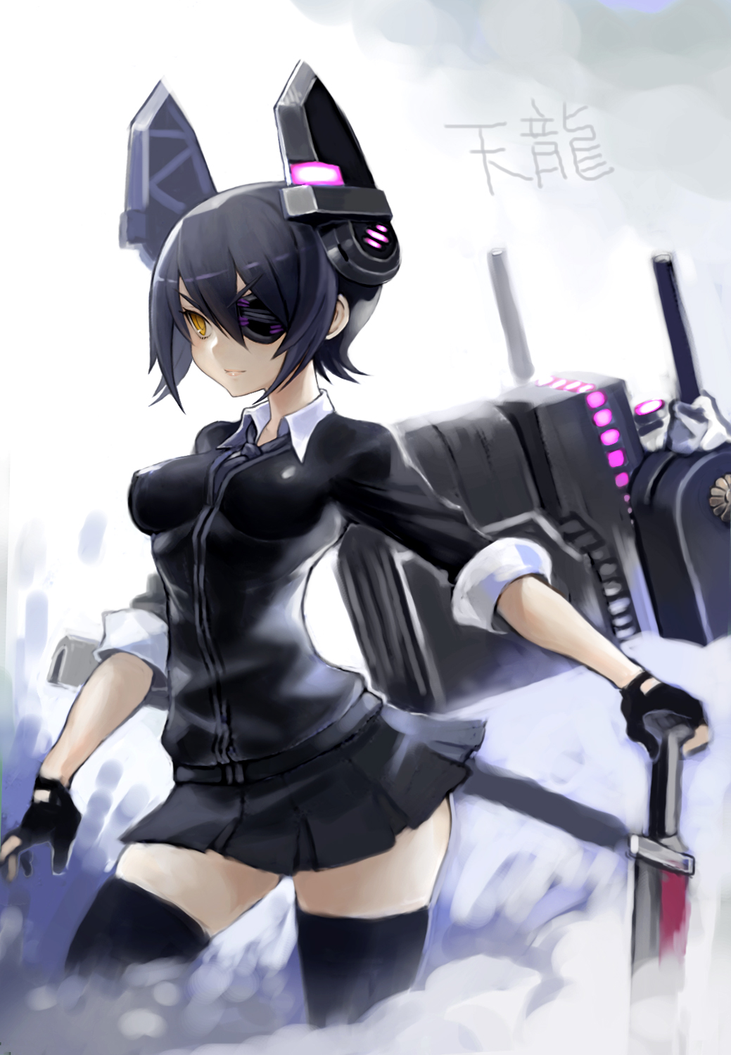 1girl black_hair black_legwear black_sweater cardigan character_name closed_mouth cowboy_shot dress_shirt eyepatch gloves headgear highres hiro1984 holding holding_sword holding_weapon kantai_collection long_hair long_sleeves mechanical_halo miniskirt necktie partly_fingerless_gloves pleated_skirt school_uniform shirt short_hair skirt sleeves_rolled_up standing sweater sword tenryuu_(kantai_collection) thigh-highs weapon white_shirt yellow_eyes