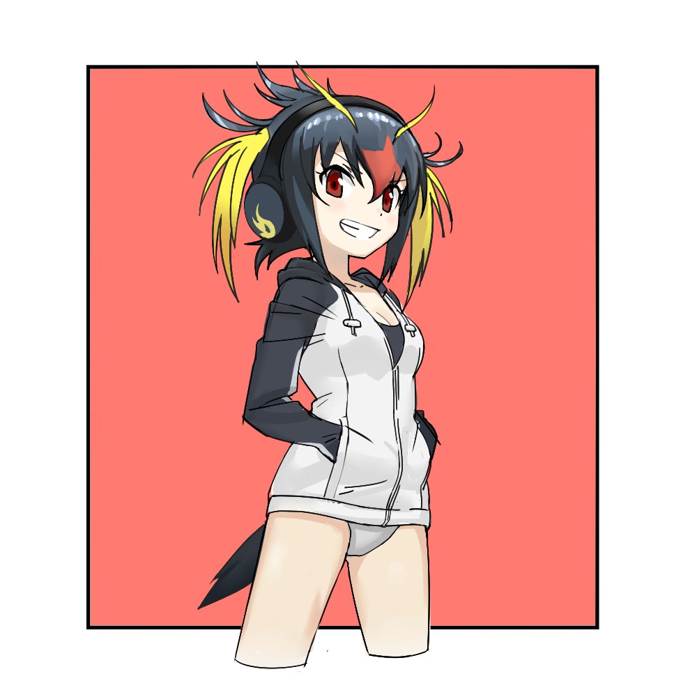 1girl artist_request black_border black_hair blonde_hair border breasts cleavage collarbone commentary cowboy_shot cropped_legs dot_nose drawstring eyebrows_visible_through_hair from_side grin hair_between_eyes hands_in_pockets headphones hood hooded_jacket jacket kemono_friends long_sleeves looking_at_viewer medium_breasts multicolored_hair official_art outside_border pocket red_background red_eyes redhead rockhopper_penguin_(kemono_friends) shiny shiny_hair short_hair simple_background smile solo tail teeth tsurime twintails white_border