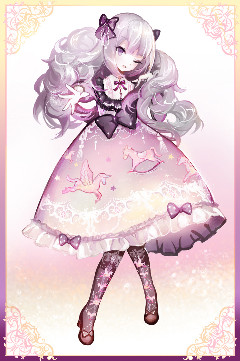1girl bangs border bow commentary_request curly_hair dress frilled_dress frills full_body grey_hair hair_bow hand_on_own_shoulder lolita_fashion long_hair long_sleeves moemoe3345 neck_ribbon one_eye_closed open_mouth original outstretched_hand pegasus print_dress print_legwear ribbon rocking_horse shoes solo violet_eyes