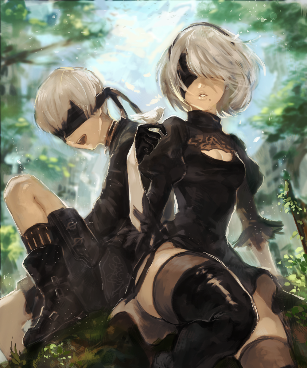 1boy 1girl animal bird bird_on_hand blindfold boots breasts cleavage cleavage_cutout dress gloves grass highres juliet_sleeves lips long_sleeves mole mole_under_mouth nier_(series) nier_automata niru_(17185924) open_mouth pale_skin parted_lips puffy_sleeves short_hair shorts sitting smile tree white_hair yorha_no._2_type_b yorha_no._9_type_s