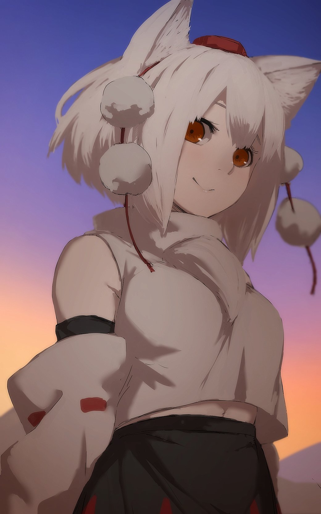 1girl animal_ears bangs bare_shoulders belly_peek detached_sleeves hat highres inubashiri_momiji looking_at_viewer midriff pom_pom_(clothes) red_eyes short_hair silver_hair smile solo sunset terimayo tokin_hat touhou twilight white_hair wide_sleeves wolf_ears
