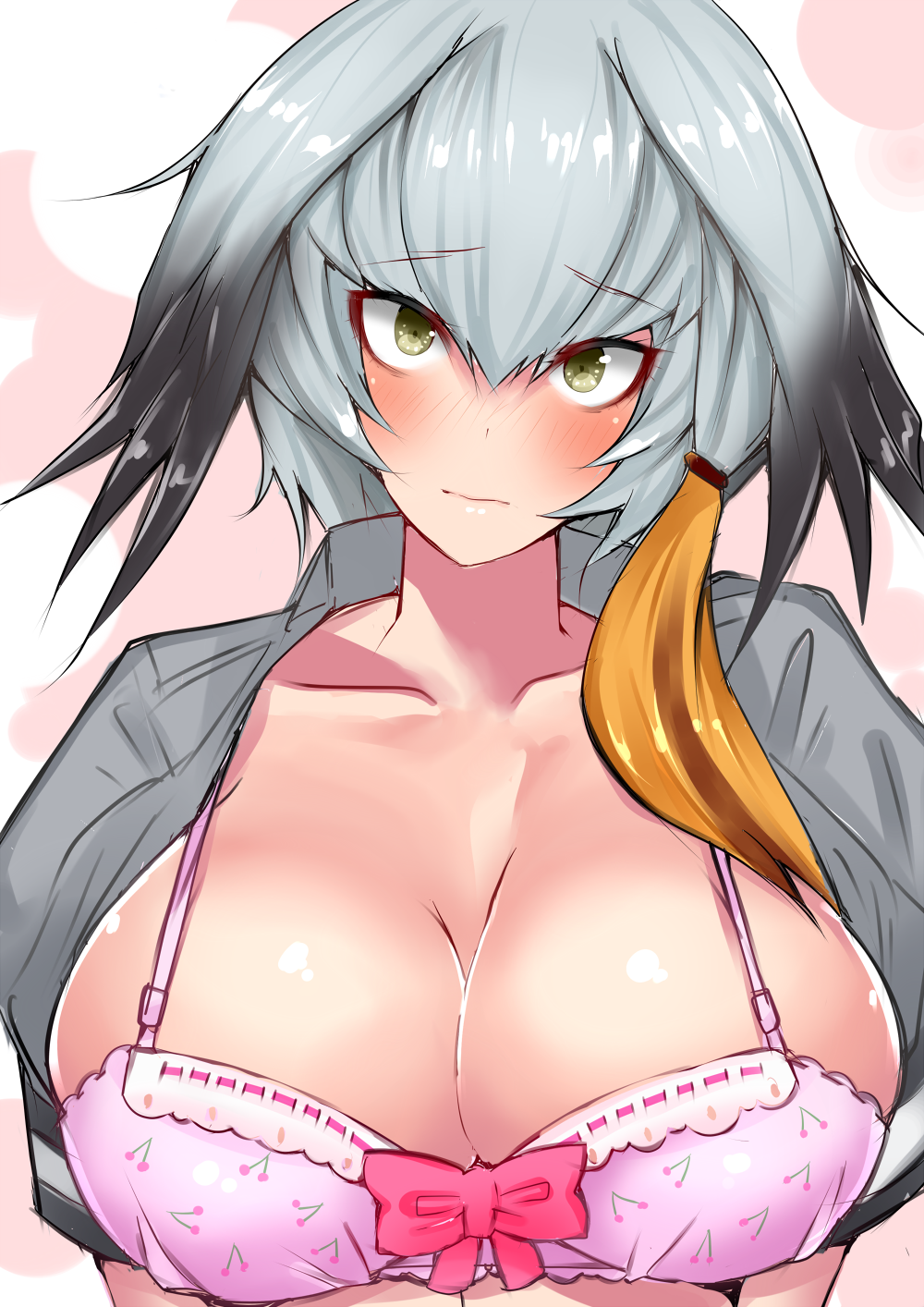 1girl black_hair bra breasts cleavage closed_mouth collared_shirt eyebrows_visible_through_hair head_wings highres kemono_friends large_breasts long_hair multicolored_hair open_clothes open_shirt orange_hair pink_bra sankakusui_(deltawhite) shiny shiny_hair shiny_skin shirt shoebill_(kemono_friends) side_ponytail silver_hair silver_shirt solo underwear upper_body yellow_eyes