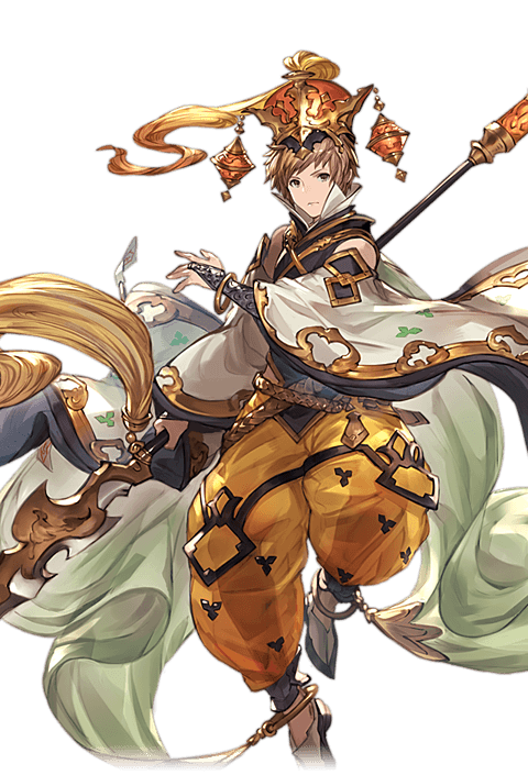 1boy alpha_transparency apsaras_(granblue_fantasy) bridal_gauntlets brown_eyes brown_hair detached_sleeves floating full_body gran_(granblue_fantasy) granblue_fantasy hat leotard looking_at_viewer male_focus minaba_hideo official_art puffy_pants see-through shoes short_hair solo staff transparent_background