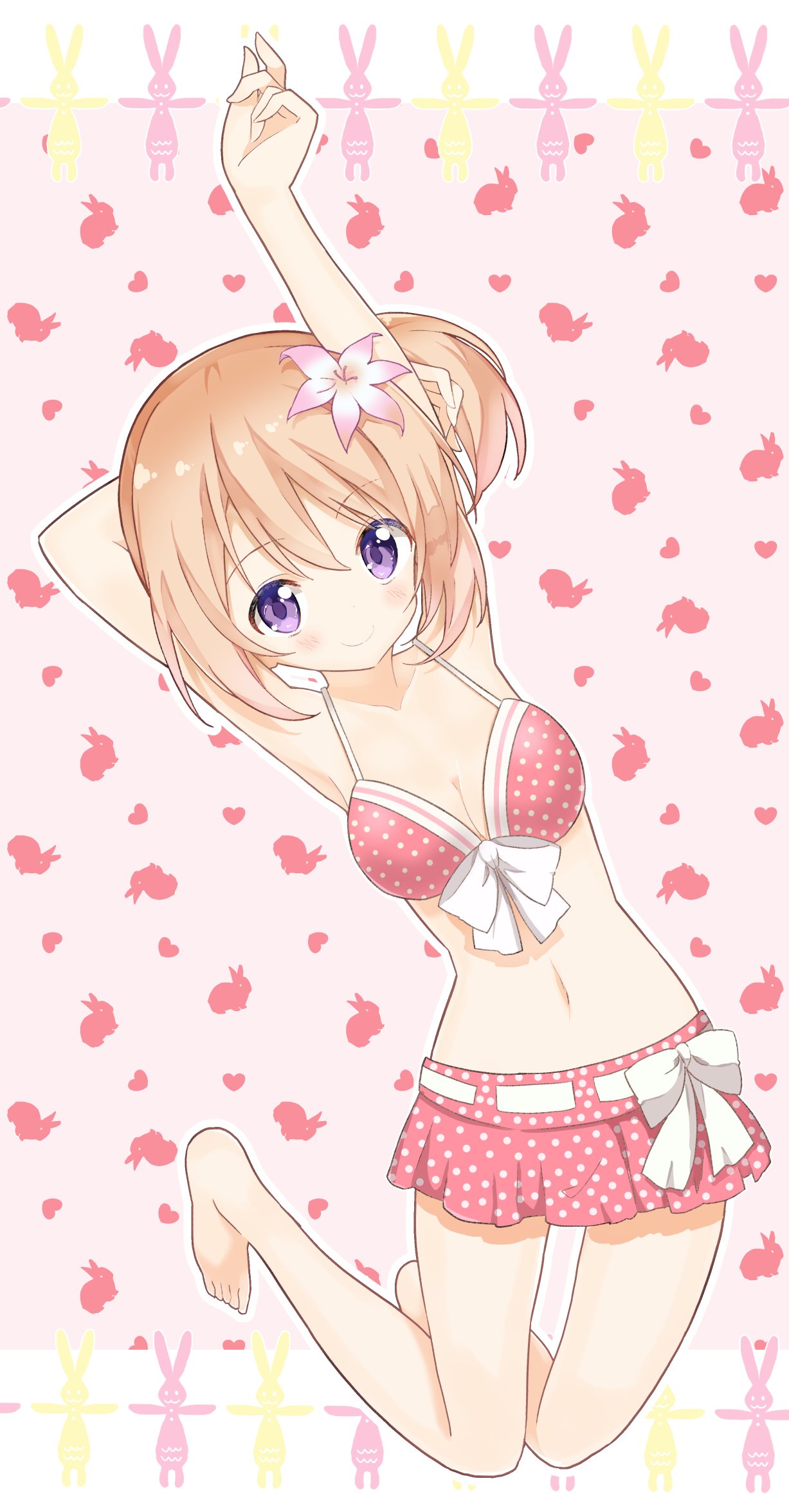 1girl arm_behind_head arm_up bangs bare_legs bare_shoulders barefoot bikini bikini_skirt blush bow bow_bikini breasts cleavage closed_mouth collarbone commentary_request eyebrows_visible_through_hair flower gochuumon_wa_usagi_desu_ka? hair_flower hair_ornament heart hibiscus highres hoto_cocoa looking_at_viewer medium_breasts nanakusa_(user_rnpt7322) navel orange_hair outline pink_bikini polka_dot polka_dot_bikini rabbit short_hair side_ponytail sidelocks smile solo stomach stretch swimsuit violet_eyes white_background white_bow white_outline