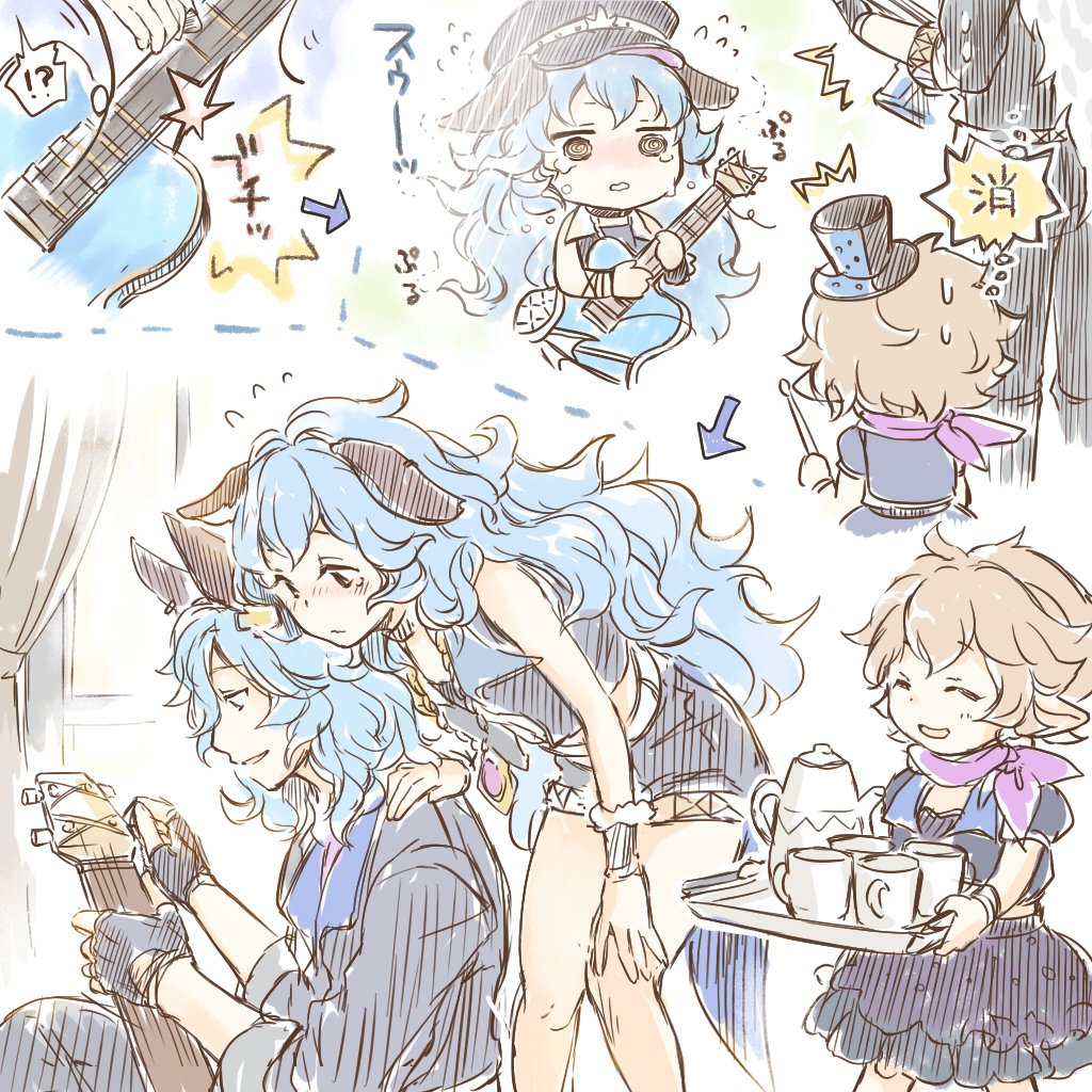 animal_ears band bracer cup drunk_(granblue_fantasy) erun_(granblue_fantasy) erunea ferry_(granblue_fantasy) fingerless_gloves gloves granblue_fantasy guitar hat hoshikuzushi instrument long_hair mini_hat mini_top_hat shorts sierokarte tea_set teacup teapot top_hat wavy_hair