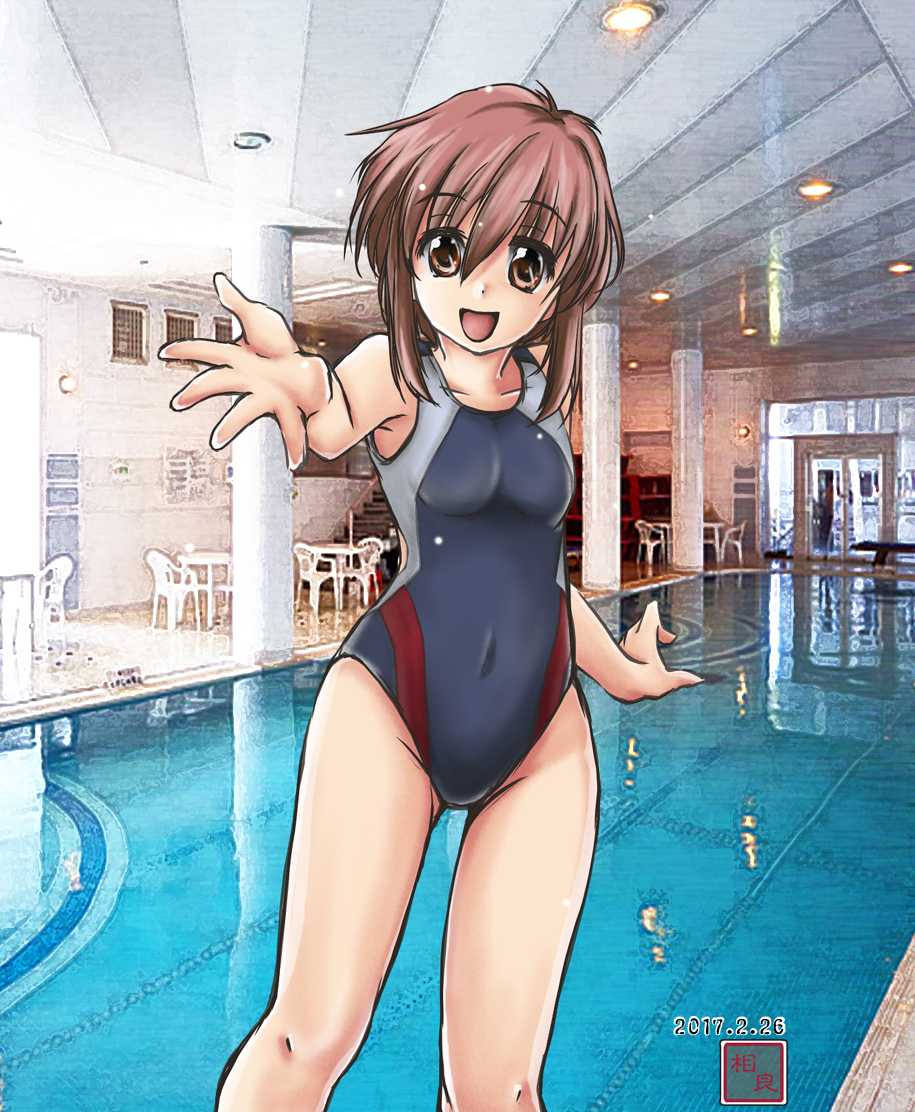 1girl brown_eyes brown_hair competition_swimsuit covered_navel cowboy_shot foreshortening grey_swimsuit looking_at_viewer mamoru_(sister_princess) masamori_ikemo one-piece_swimsuit open_mouth photo_background pool short_hair sister_princess smile solo standing swimsuit