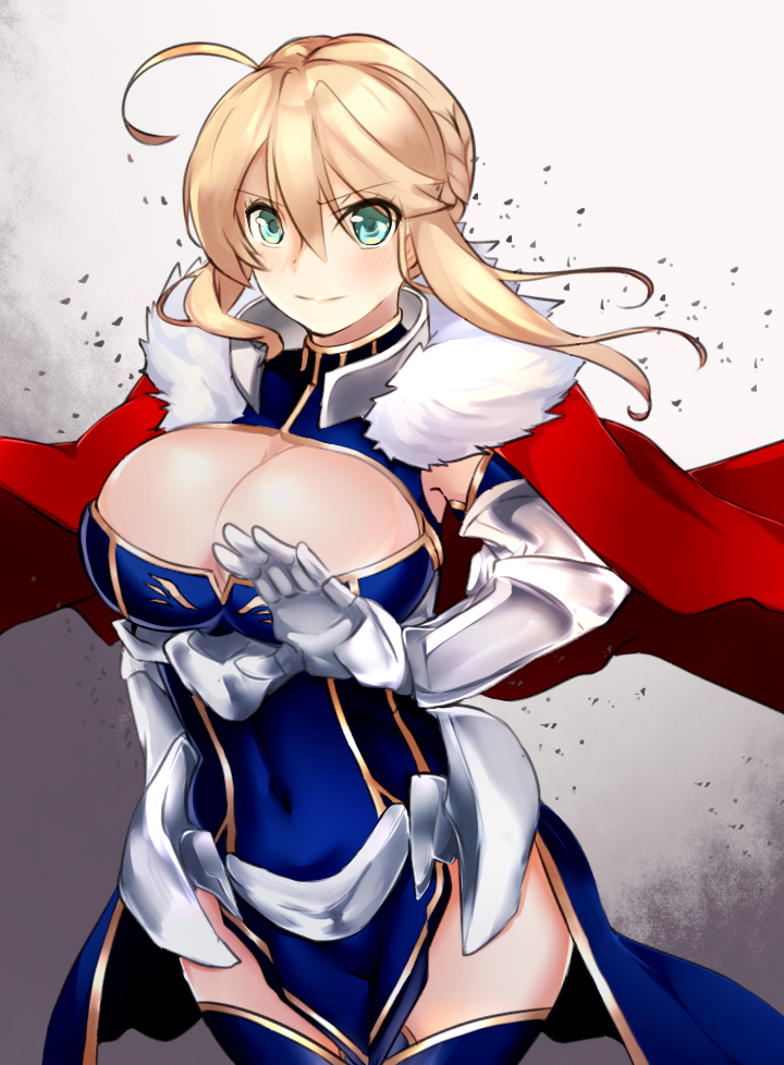 &gt;:) 1girl ahoge armor artoria_pendragon_lancer_(fate/grand_order) bangs blue_dress blue_legwear blush braid breasts center_opening cleavage cloak closed_mouth covered_navel cowboy_shot dress error fate/grand_order fate_(series) floating_hair fur_trim furam gauntlets green_eyes large_breasts looking_at_viewer saber short_hair_with_long_locks sidelocks smile solo thigh-highs