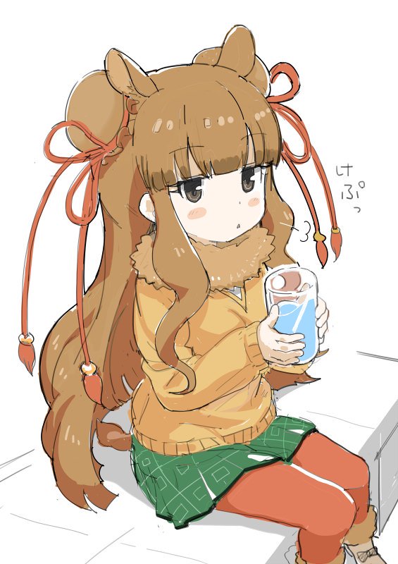 1girl =3 animal_ears ankle_boots artist_request bactrian_camel_(kemono_friends) bangs beige_boots black_ribbon blunt_bangs blush_stickers boots breath brown_eyes brown_hair bun_cover camel_ears camel_tail collar commentary_request cup double_bun drinking_glass expressionless eyebrows_visible_through_hair eyelashes frills fur-trimmed_boots fur_collar fur_trim green_skirt hair_ornament holding holding_cup holding_drinking_glass jitome kemono_friends long_hair long_sleeves looking_away official_art open_mouth orange_sweater pantyhose red_legwear ribbon shadow shoe_ribbon simple_background sitting skirt solo sweater tail translation_request triangle_mouth water white_background