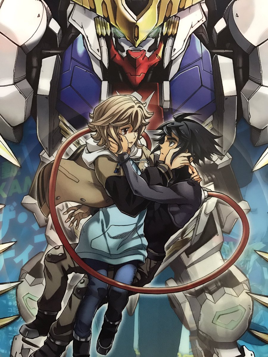 1boy 1girl atra_mixta black_hair blue_eyes blush brown_hair gundam gundam_barbatos gundam_tekketsu_no_orphans hand_on_another's_cheek hand_on_another's_face highres hood hoodie mecha mikazuki_augus official_art short_hair