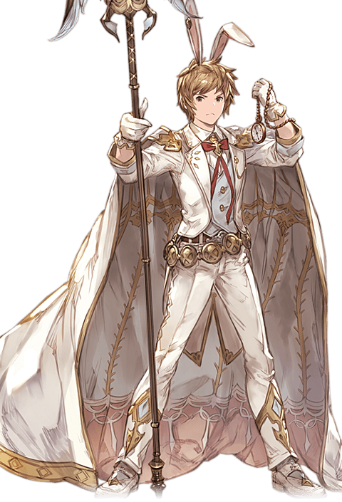 1boy alpha_transparency animal_ears belt brown_eyes brown_hair cape fake_animal_ears formal full_body gloves gran_(granblue_fantasy) granblue_fantasy male_focus minaba_hideo official_art pocket_watch rabbit_ears sage_(granblue_fantasy) short_hair solo staff suit transparent_background watch white_cape white_gloves white_suit