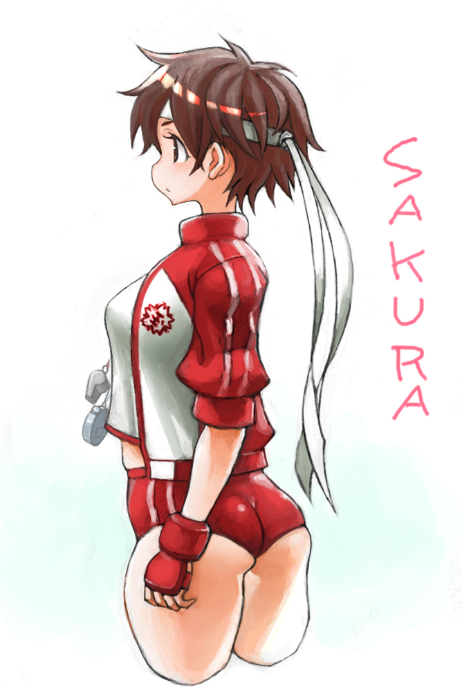 1girl ass bangs brown_eyes brown_hair buruma cropped_legs double_vertical_stripe fingerless_gloves from_side gloves gym_shirt headband hiro1984 jacket kasugano_sakura looking_to_the_side open_clothes open_jacket red_buruma shirt short_hair short_sleeves simple_background sketch solo standing street_fighter track_jacket very_short_hair whistle white_background white_shirt