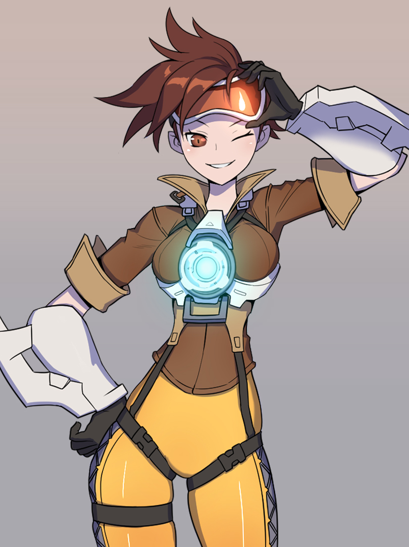 1girl ;) between_breasts bodysuit bomber_jacket breasts brown_eyes brown_hair brown_jacket contrapposto cowboy_shot goggles goggles_on_head hand_on_hip jacket kim_jin_sung medium_breasts one_eye_closed orange_bodysuit overwatch pants parted_lips skin_tight smile spiky_hair tight tight_pants tracer_(overwatch)