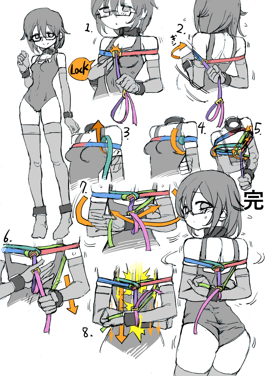1girl arrow ass bdsm blush bondage bound breasts choker covered_navel cuffs directional_arrow elbow_gloves full_body glasses gloves greyscale highres how_to kinbakuman monochrome original restrained school_swimsuit self_bondage semi-rimless_glasses short_hair small_breasts smile solo swimsuit thigh-highs under-rim_glasses