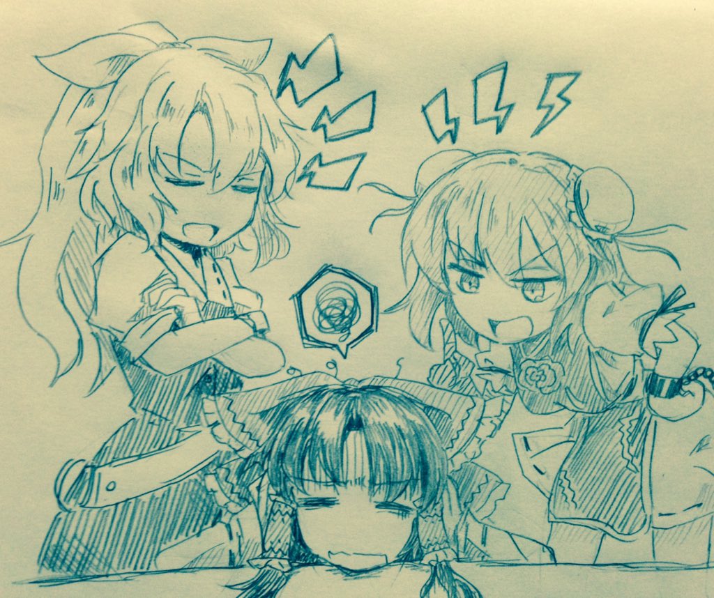 3girls bandaged_arm bangs bow breasts bun_cover chains closed_eyes commentary_request crossed_arms cuffs d:&lt; efukei expressive_clothes eyebrows_visible_through_hair flower hair_between_eyes hair_bow hair_tubes hakurei_reimu hand_on_hip ibaraki_kasen index_finger_raised leaning_forward lightning_bolt long_hair looking_at_another medium_breasts monochrome multiple_girls open_mouth ponytail puffy_short_sleeves puffy_sleeves ribbon-trimmed_skirt scolding shackles short_hair short_sleeves sidelocks speech_bubble spoken_squiggle squiggle standing tabard touhou traditional_media watatsuki_no_yorihime