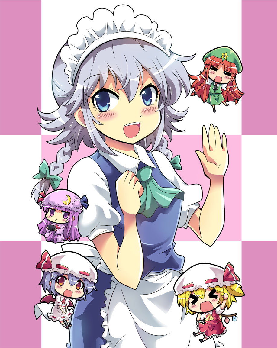 &gt;_&lt; 5girls :3 :d :x =_= bat_wings blonde_hair braid capelet checkered checkered_background chibi chinese_clothes closed_eyes colonel_aki commentary_request crescent crescent_hair_ornament flandre_scarlet hair_ornament handheld_game_console hat hat_ribbon hong_meiling izayoi_sakuya lavender_hair long_hair looking_at_viewer maid maid_headdress minigirl mob_cap multiple_girls open_mouth patchouli_knowledge puffy_short_sleeves puffy_sleeves purple_hair red_eyes redhead remilia_scarlet ribbon short_hair short_sleeves silver_hair smile touhou twin_braids violet_eyes waving wings
