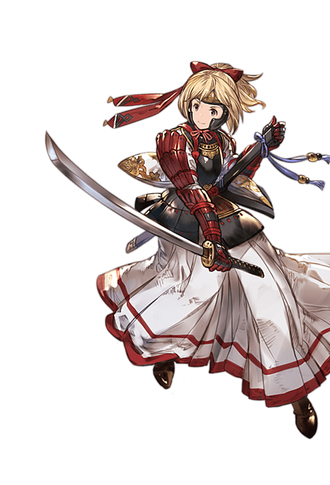 1girl alpha_transparency alternate_hairstyle armor armored_dress blonde_hair bob_cut brown_eyes djeeta_(granblue_fantasy) full_body granblue_fantasy hair_ribbon japanese_armor kote light_smile looking_at_viewer minaba_hideo official_art ponytail ribbon samurai_(granblue_fantasy) scabbard sheath short_hair smile sode solo sword transparent_background weapon