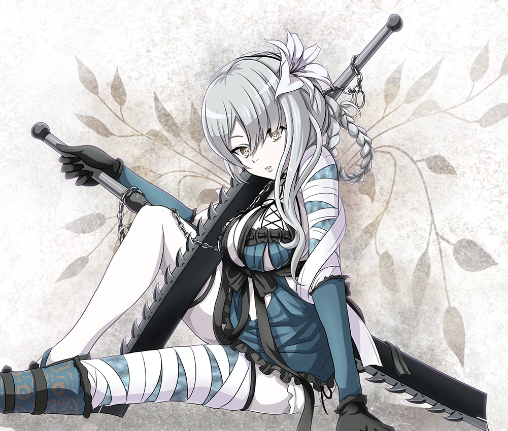 1girl bandage braid breasts cleavage flower hair_flower hair_ornament kaine_(nier) lily_(flower) long_hair looking_at_viewer nier nier_(series) parted_lips resized revision silver_hair single_braid sitting solo sword tk8d32 weapon white_skin
