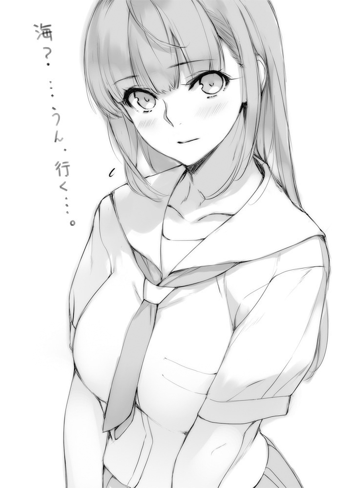 1girl arms_at_sides bangs blush breasts closed_mouth collarbone commentary_request eyebrows_visible_through_hair flying_sweatdrops greyscale large_breasts long_hair looking_at_viewer monochrome neckerchief original pleated_skirt sasaoka_gungu school_uniform serafuku short_sleeves simple_background sketch skirt solo upper_body