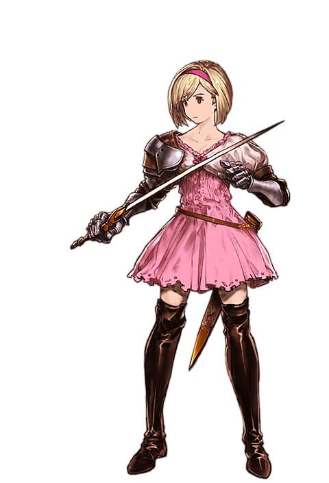 1girl alpha_transparency blonde_hair bob_cut boots brown_eyes djeeta_(granblue_fantasy) dress fighter_(granblue_fantasy) full_body gauntlets granblue_fantasy hairband juliet_sleeves long_sleeves minaba_hideo official_art pink_dress puffy_sleeves scabbard sheath short_hair solo sword thigh-highs thigh_boots transparent_background weapon