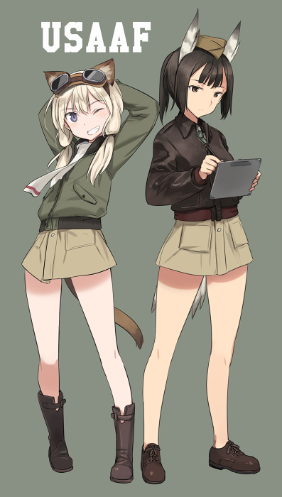 2girls animal_ears arms_behind_head arms_up bangs black_hair blonde_hair boots brown_eyes brown_shoes carla_j_luksic full_body geena_preddy goggles goggles_on_head grey_eyes long_hair long_sleeves looking_at_viewer looking_away low_twintails multiple_girls one_eye_closed pocket ponytail shimada_fumikane shoes simple_background skirt standing strike_witches tail twintails world_witches_series