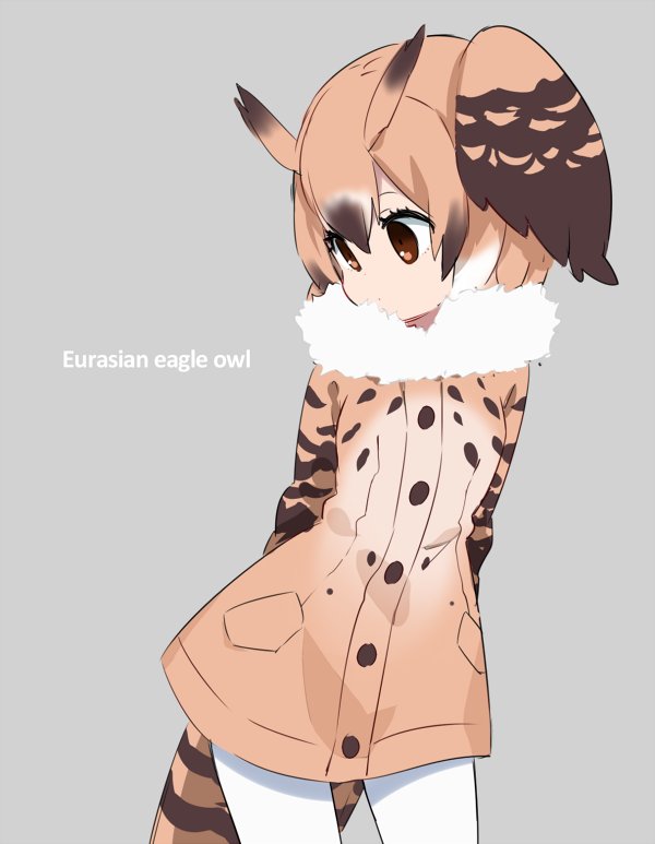 1girl arms_behind_back brown_eyes brown_hair buttons character_name coat collar commentary cowboy_shot english eurasian_eagle_owl_(kemono_friends) expressionless eyelashes fur_collar grey_background hair_between_eyes head_wings ica kemono_friends light_brown_hair long_sleeves looking_to_the_side multicolored_hair pantyhose pocket short_hair simple_background solo tail tareme white_hair white_legwear wings