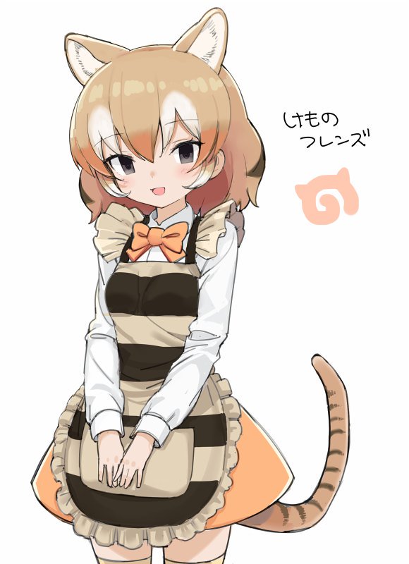 1girl :d animal_ears apron artist_request black_eyes blush brown_hair cat_ears cat_tail collar collared_shirt commentary copyright_name cowboy_shot empty_eyes eyebrows_visible_through_hair eyelashes frilled_apron frills gradient_hair hair_between_eyes hands_together kemono_friends light_brown_hair long_sleeves looking_at_viewer multicolored_hair neck_ribbon official_art open_mouth orange_hair orange_ribbon orange_skirt ribbon shirt short_hair sidelocks simple_background skirt smile socks solo striped striped_apron striped_tail thigh-highs thylacine_(kemono_friends) thylacine_ears thylacine_tail tsurime white_background white_hair white_shirt zettai_ryouiki