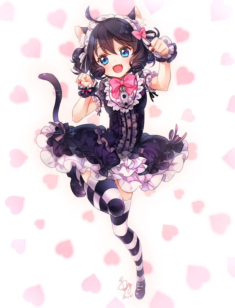 1girl :3 :d ahoge animal_ears black_dress black_hair black_legwear black_shoes blue_eyes bow bowtie cat_ears cat_tail cyan_(show_by_rock!!) dress fangs frilled_dress frills full_body hair_bow headdress heart heart_background looking_at_viewer mary_janes nail_polish open_mouth paw_pose pink_bow pink_bowtie puffy_short_sleeves puffy_sleeves red_nails ringlets shimogu shoes short_sleeves show_by_rock!! smile solo sparkle striped striped_legwear tail white_legwear wrist_cuffs