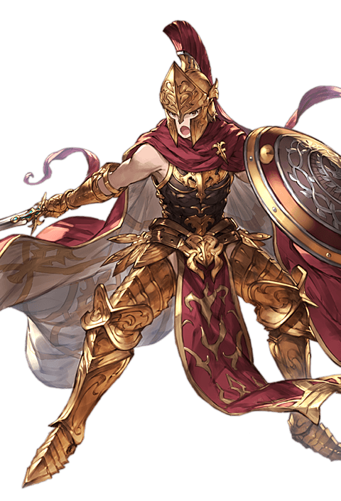 1boy alpha_transparency armor cape full_body gran_(granblue_fantasy) granblue_fantasy helmet holding holding_sword holding_weapon male_focus minaba_hideo official_art pelvic_curtain red_cape shield sleeveless solo sparta_(granblue_fantasy) sword transparent_background weapon