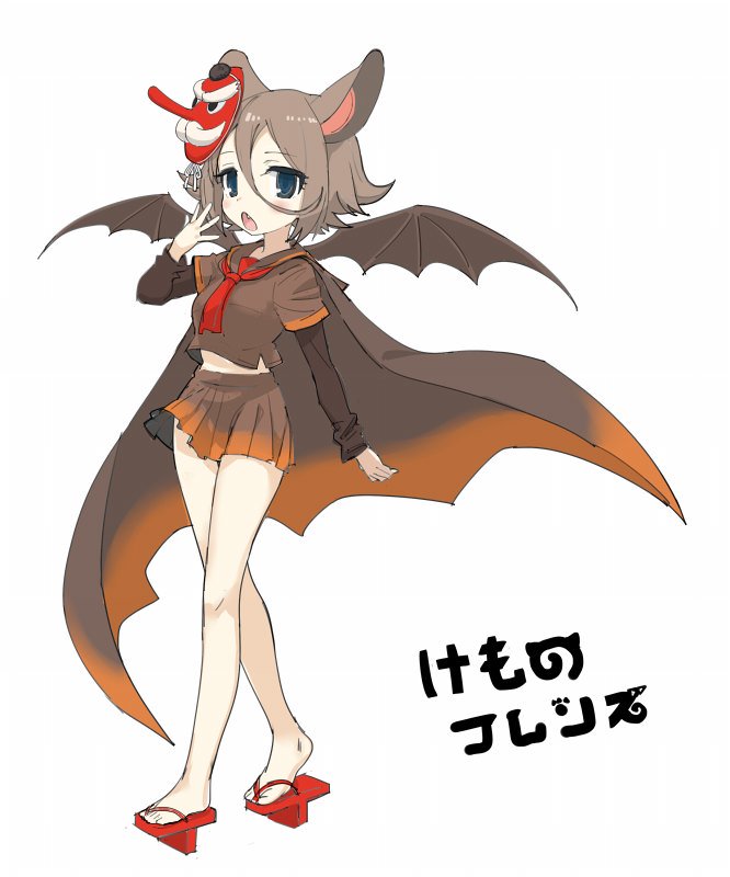 1girl animal_ears artist_request ascot bare_legs bat_ears bat_girl bat_wings blue_eyes blush brown_hair brown_shirt brown_skirt cape collar commentary_request copyright_name eyebrows_visible_through_hair eyelashes facial_hair fang full_body geta hair_between_eyes hand_up hilgendorf's_tube-nose_bat_(kemono_friends) jitome kemono_friends long_nose looking_at_viewer mask mask_on_head midriff_peek miniskirt mustache official_art open_mouth pleated_skirt red_geta sailor_collar sandals shirt short_hair short_over_long_sleeves simple_background skirt sleepy solo tengu_mask walking white_background wings yawning