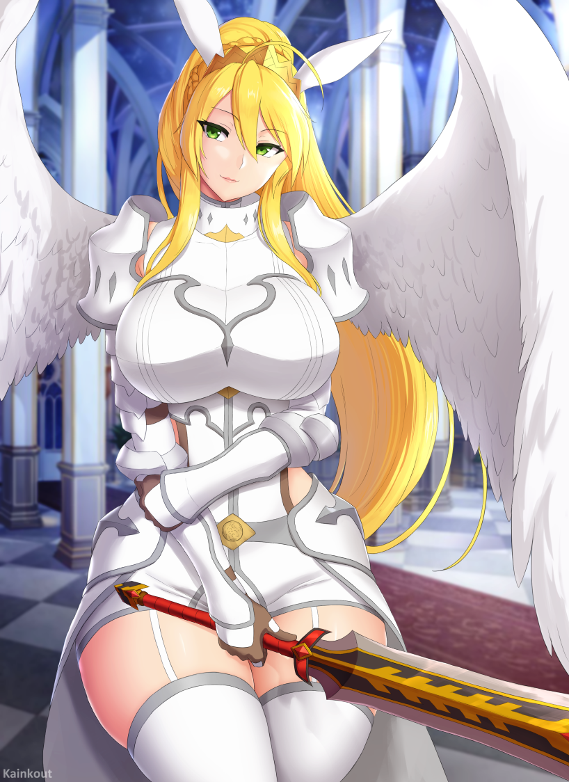 1girl animal_ears arch armor artoria_pendragon_(all) artoria_pendragon_(lancer) blurry blurry_background braid breasts brown_gloves carpet column fate/grand_order fate_(series) faulds french_braid gauntlets gloves green_eyes holding holding_sword holding_weapon kainkout large_breasts long_hair pauldrons pillar rabbit_ears sitting skirt smile solo sword thigh-highs tile_floor tiles weapon white_skirt