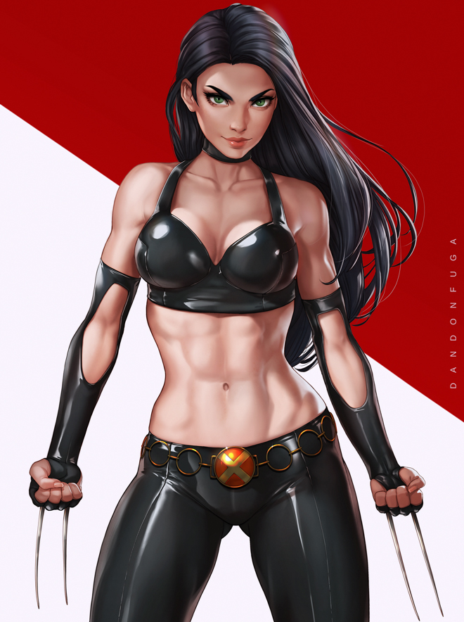 &gt;:) 1girl abs artist_name belt black_choker black_gloves black_hair black_pants breasts choker claws cleavage clenched_hands closed_mouth collarbone cowboy_shot crop_top dandon_fuga elbow_gloves fingerless_gloves gloves gluteal_fold green_eyes laura_kinney long_hair looking_at_viewer marvel medium_breasts muscle muscular_female navel pants red_lips skin_tight sleeveless solo standing stomach thick_eyebrows toned two_side_up weapon x-23 x-men