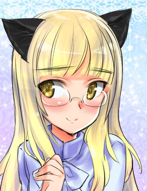 1girl amefre animal_ears bangs blonde_hair blue_shirt blush cat_ears closed_mouth glasses gradient gradient_background long_hair looking_at_viewer perrine_h_clostermann portrait shirt sketch smile solo strike_witches upper_body world_witches_series yellow_eyes