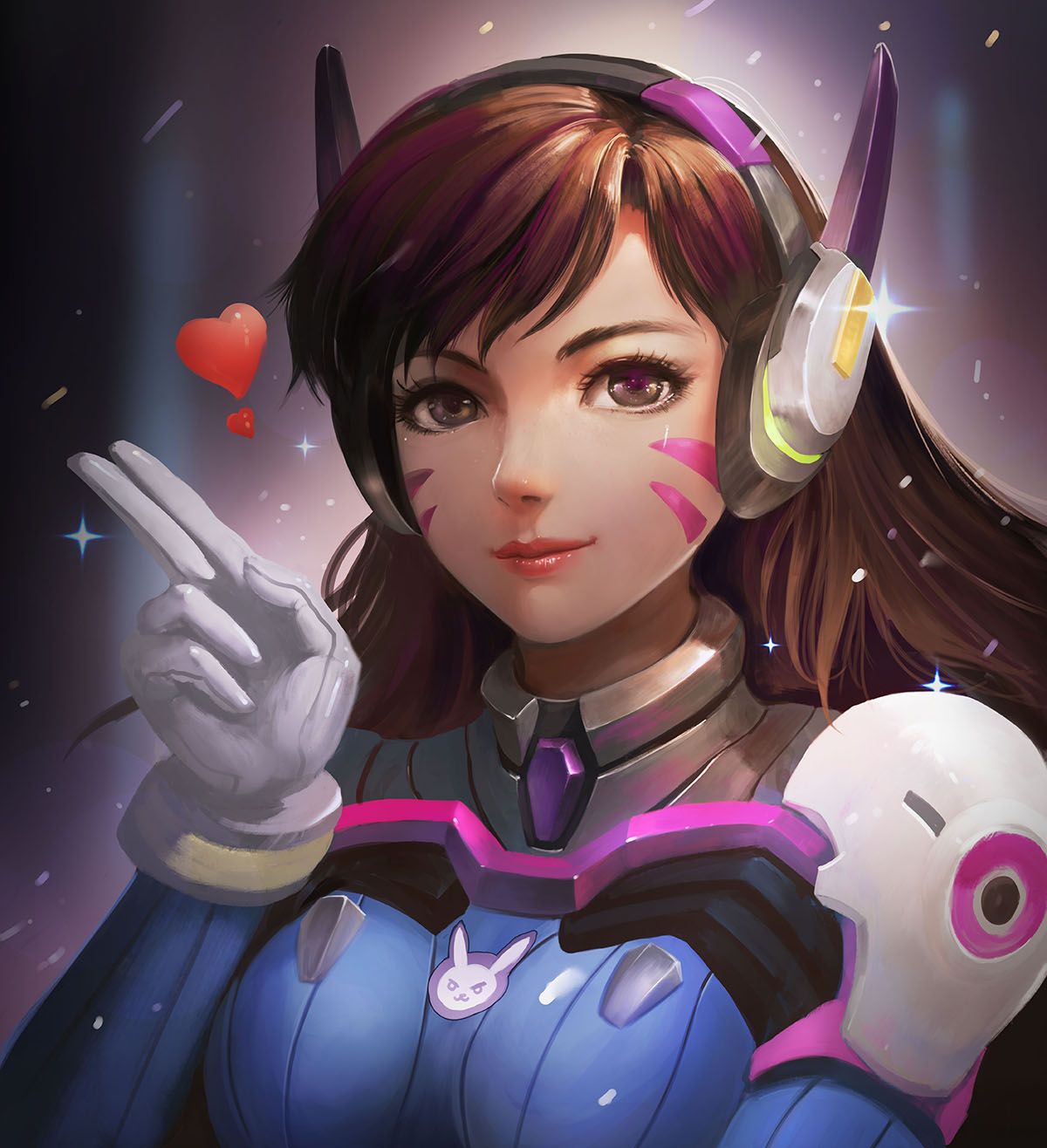 1girl breasts brown_eyes brown_hair d.va_(overwatch) facial_mark gloves headphones heart highres kaze_no_gyouja lips long_hair medium_breasts overwatch pilot_suit rabbit realistic skin_tight smile solo sparkle upper_body whisker_markings