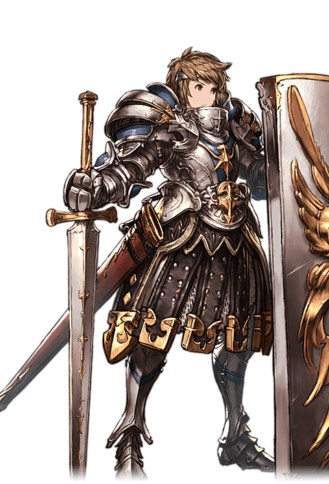 1boy alpha_transparency armor brown_eyes brown_hair fortress_(granblue_fantasy) full_body gran_(granblue_fantasy) granblue_fantasy male_focus minaba_hideo official_art pauldrons scabbard sheath shield short_hair solo sword transparent_background weapon