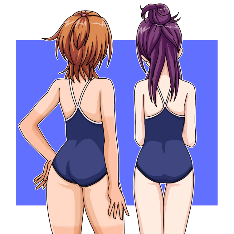 2girls ass brown_hair competition_school_swimsuit cowboy_shot from_behind futari_wa_precure_splash_star h26r half_updo hand_on_hip hyuuga_saki long_hair mishou_mai multiple_girls ponytail precure purple_hair short_hair standing swimsuit tan tanline topknot