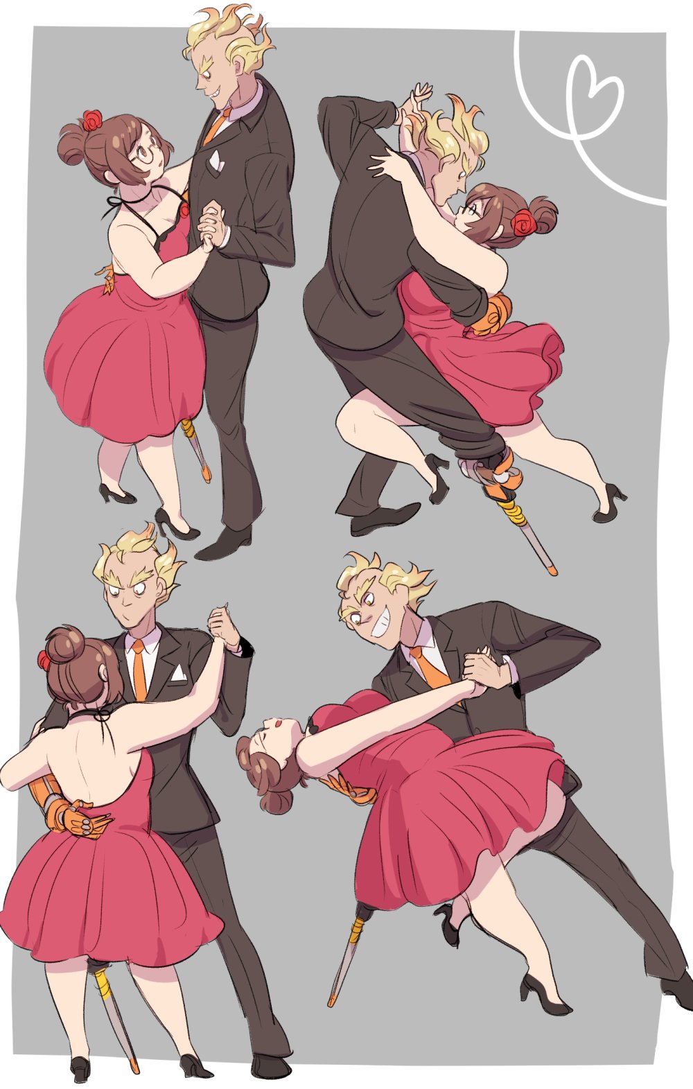 1boy 1girl black_jacket black_pants black_shoes blonde_hair brown_hair curvy dancing dress flower glasses grey_background grin hair_bun hair_flower hair_ornament height_difference high_heels highres jacket jocheong junkrat_(overwatch) long_sleeves mei_(overwatch) necktie open-back_dress orange_necktie overwatch pants pink_dress prosthesis prosthetic_leg red_rose rose shoes smile tuxedo yellow_eyes