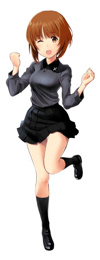 1girl ;d bangs black_legwear black_shoes black_skirt breasts brown_eyes clenched_hands eyebrows_visible_through_hair full_body girls_und_panzer grey_shirt kneehighs knees_together_feet_apart leg_up loafers long_sleeves looking_at_viewer medium_breasts nishizumi_miho one_eye_closed open_mouth orange_hair pleated_skirt shirt shoes skirt smile solo standing standing_on_one_leg tareme thigh_gap w_arms wa_(genryusui) wing_collar