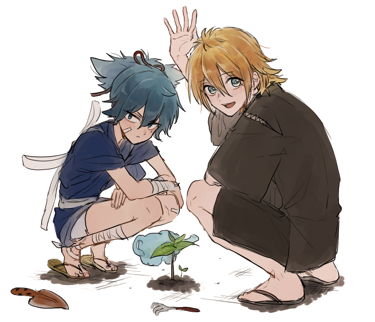 2boys :&lt; blue_eyes blue_hair green_eyes japanese_clothes male_focus multiple_boys open_mouth orange_hair plant ponytail sandals sayo_samonji smile squatting touken_ranbu trowel urashima_kotetsu waving zy_(dondokodo-mu)